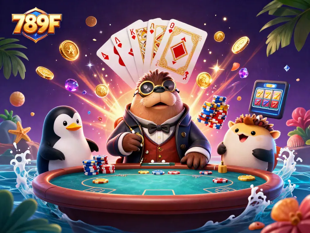 Play poker with jolly walrus at 789F, surrounded by cascading coins and royal flush cards.