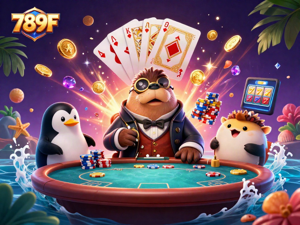 Play poker with jolly walrus at 789F, surrounded by cascading coins and royal flush cards.