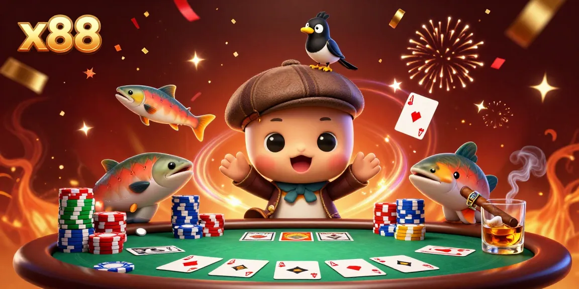 Join the excitement at x88 with vibrant casino elements and animated characters in a thrilling gambling scene.