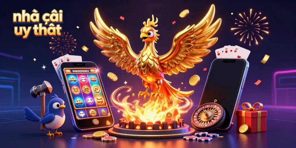 Experience winning at nhà cái uy tín with a dynamic casino scene featuring a molten gold phoenix and exciting game elements.