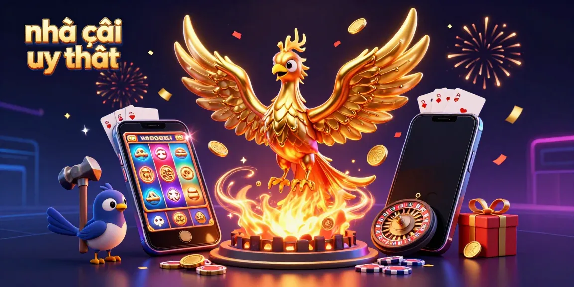 Experience winning at nhà cái uy tín with a dynamic casino scene featuring a molten gold phoenix and exciting game elements.