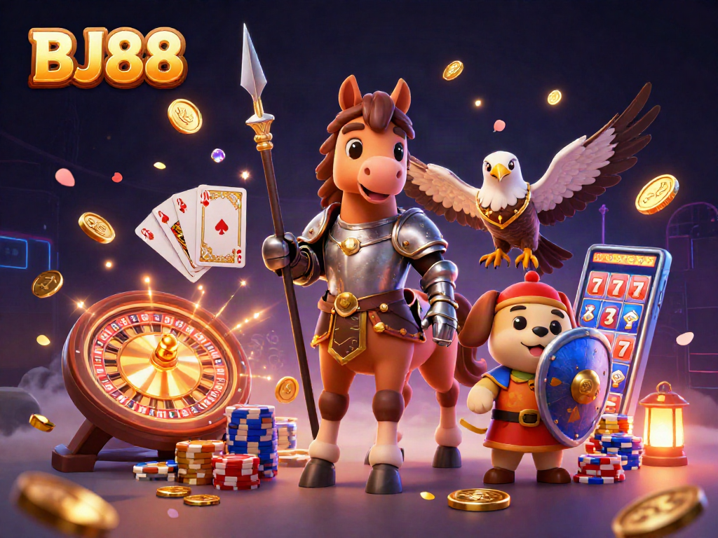 BJ88 engages players with an immersive 3D casino scene featuring a knight, squire, and falcon.