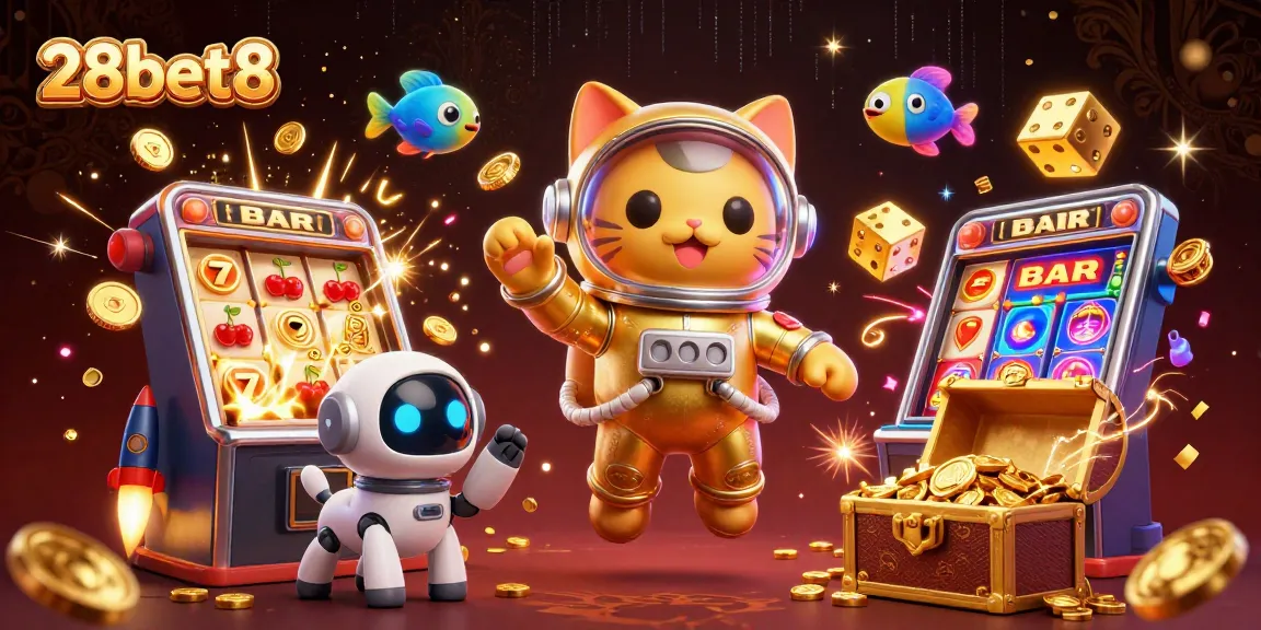 Celebrate big wins with 28bet8 in this vibrant casino-themed cosmic scene.