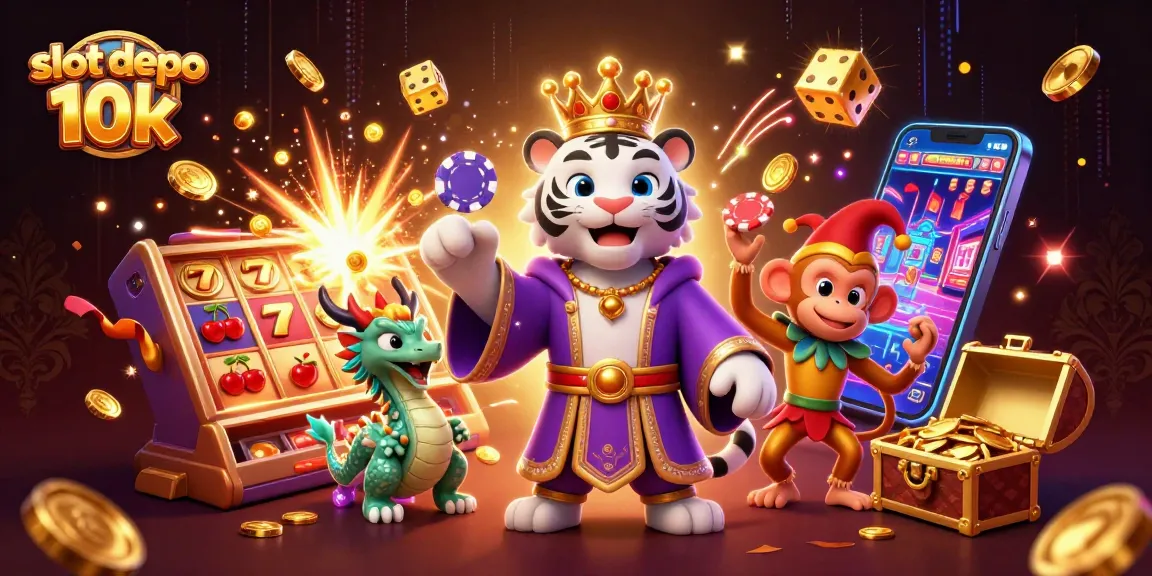 Engage with slot depo 10k excitement through a vibrant 3D casino illustration featuring animated characters and dynamic game elements.