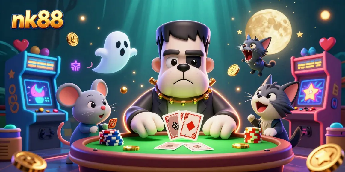 Play games at nk88 with a lively cartoon scene featuring a bulldog dealer and gaming elements.