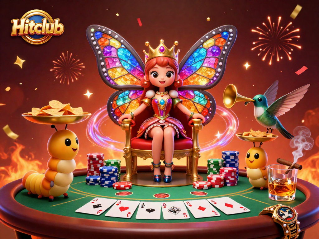 Hitclub showcases epic poker action with a vibrant butterfly queen and elegant gaming elements.
