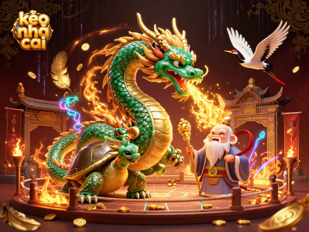 Engage with the dynamic kèo nhà cái atmosphere featuring a jade dragon and energetic casino elements.