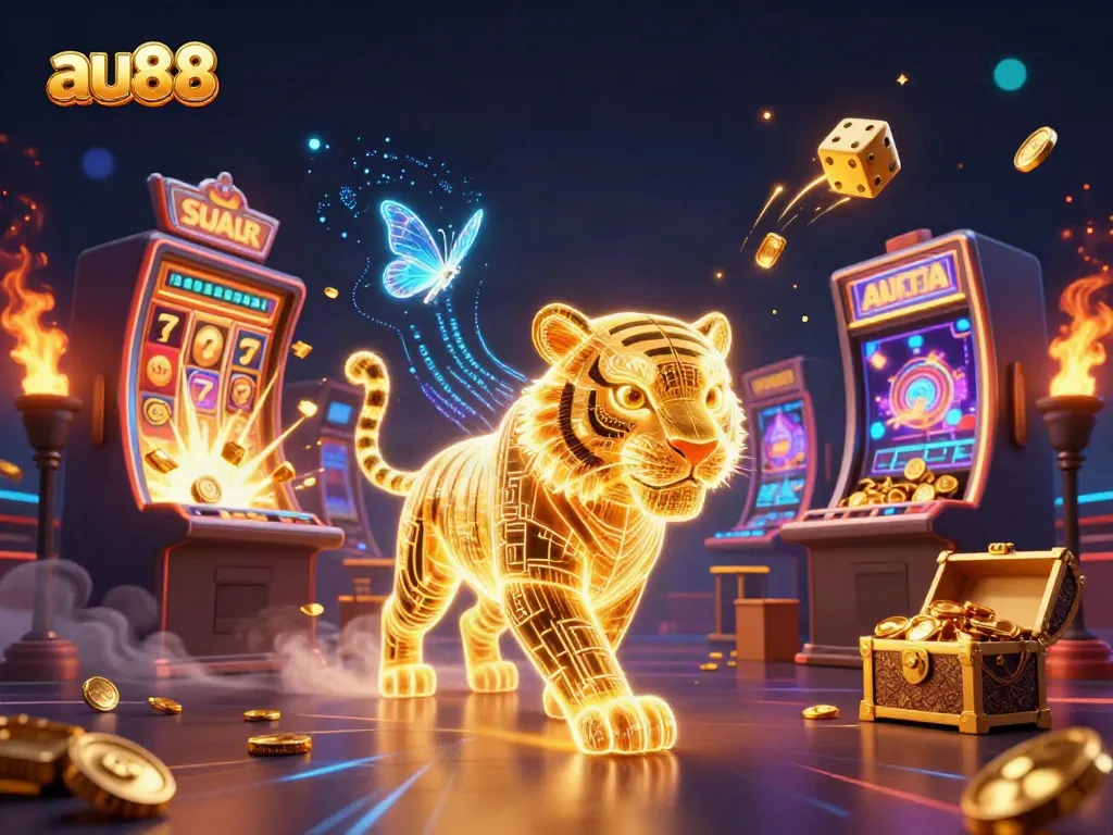 Engage in exhilarating gameplay at au88 with neon-wireframe tiger and jackpot excitement in a vibrant casino.
