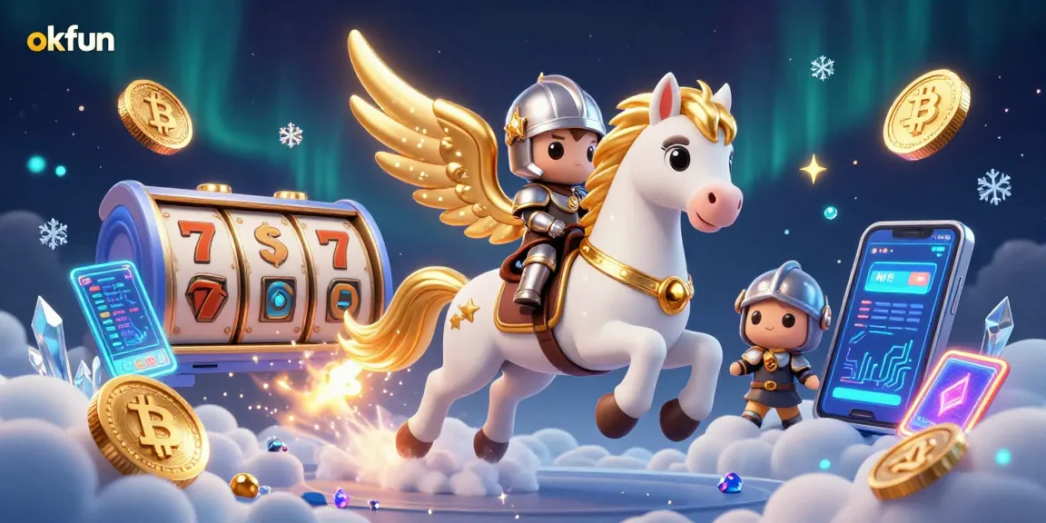 Engage with okfun in a vibrant scene showcasing a celestial horse and knight amidst rich casino elements.