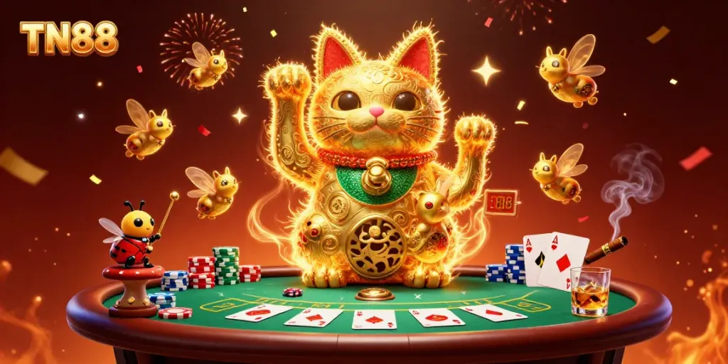 Experience gaming excitement with TN88's animated lucky cat and dazzling casino elements.
