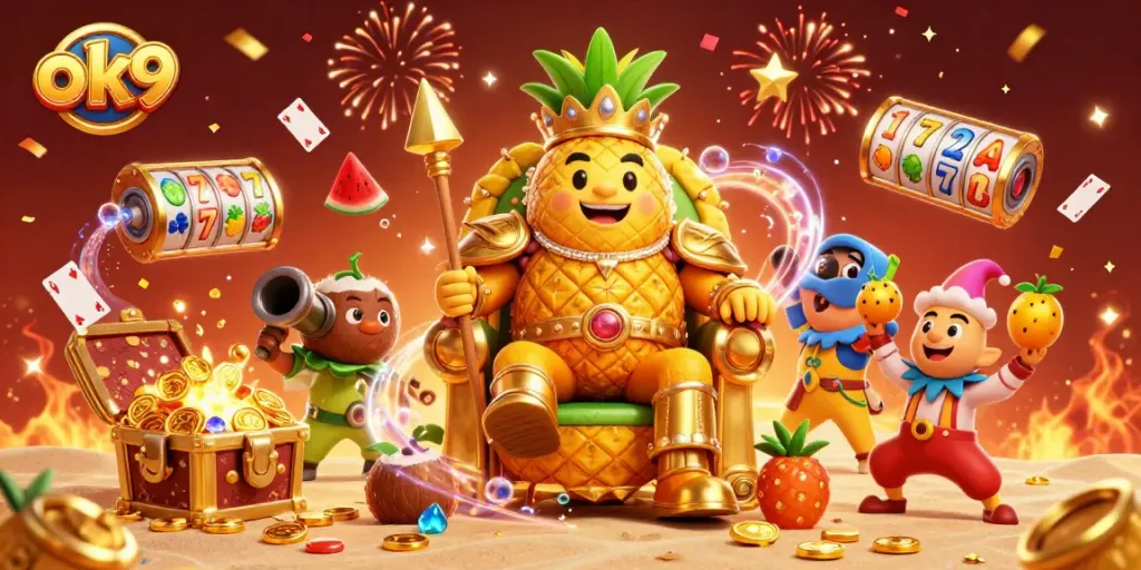Win big at the casino with the ok9 golden pineapple king and his fruity entourage celebrating on a vibrant beach