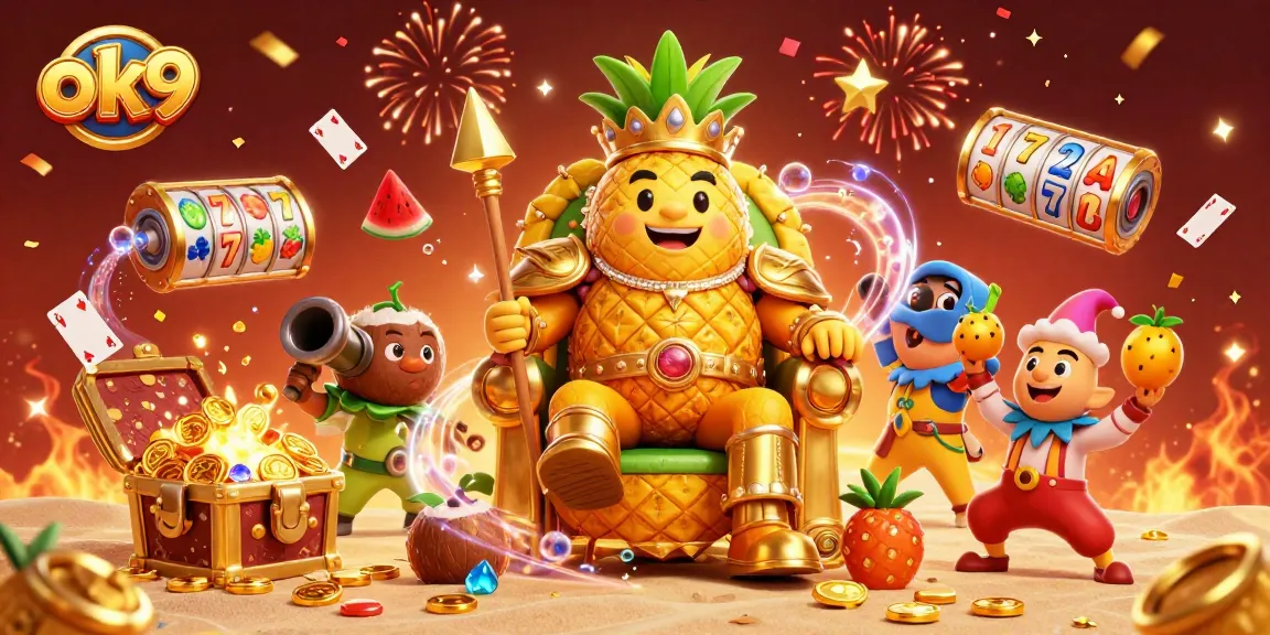 Win big at the casino with the ok9 golden pineapple king and his fruity entourage celebrating on a vibrant beach