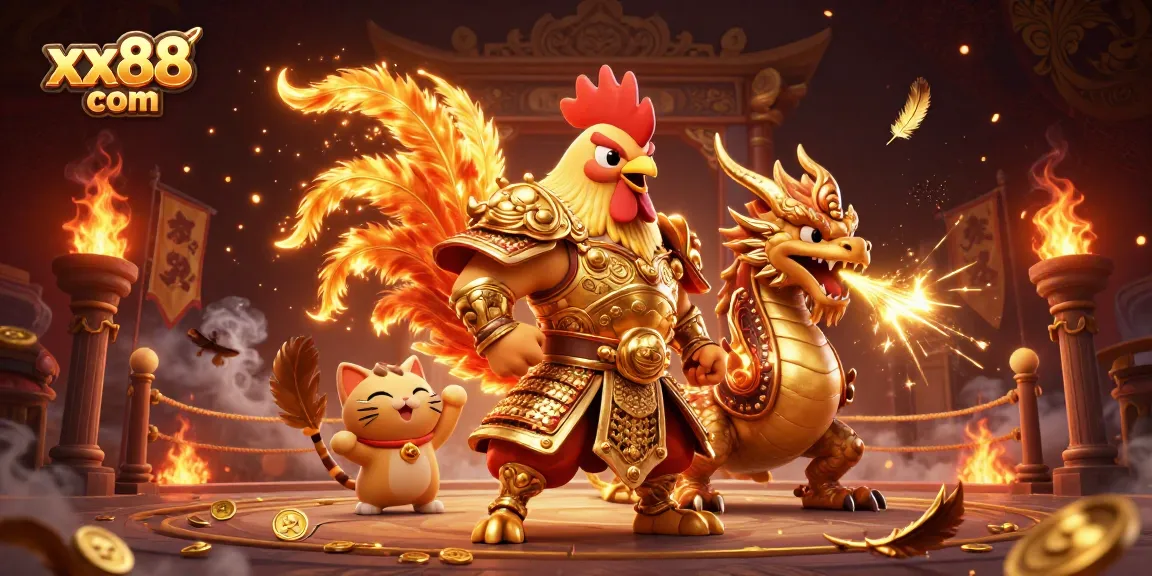 Experience thrilling gameplay with xx88 com in this vibrant 3D illustration of a rooster warrior and dragon hatchling.
