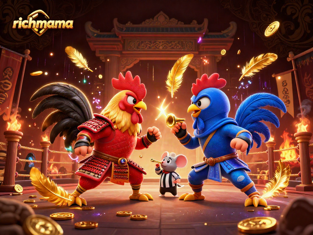 Experience thrilling moments with richmama's dramatic rooster showdown in a vibrant casino arena.