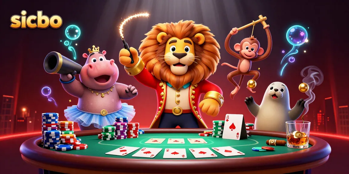 Place bets on sicbo with colorful characters and a lively atmosphere in this vibrant gambling scene.