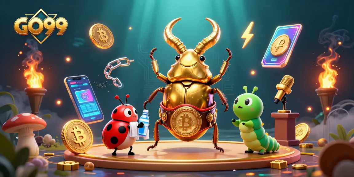 Engage with GO99’s dynamic casino scene featuring crypto coins and vibrant characters.