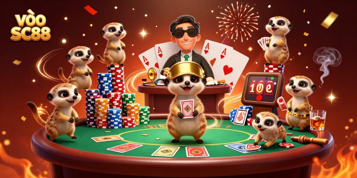 Engage in exciting gaming experiences at vào SC88 with our engaging meerkat casino illustration.