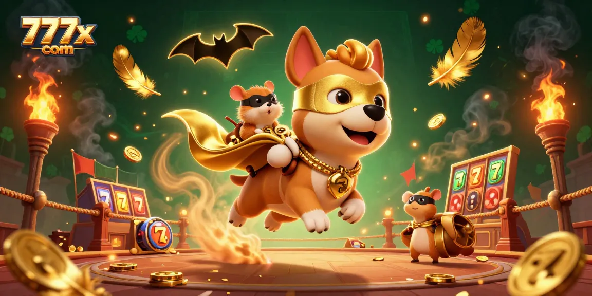 Engage with thrilling gameplay at 777x com, featuring a dynamic 3D scene with a superhero dog and slot reels.