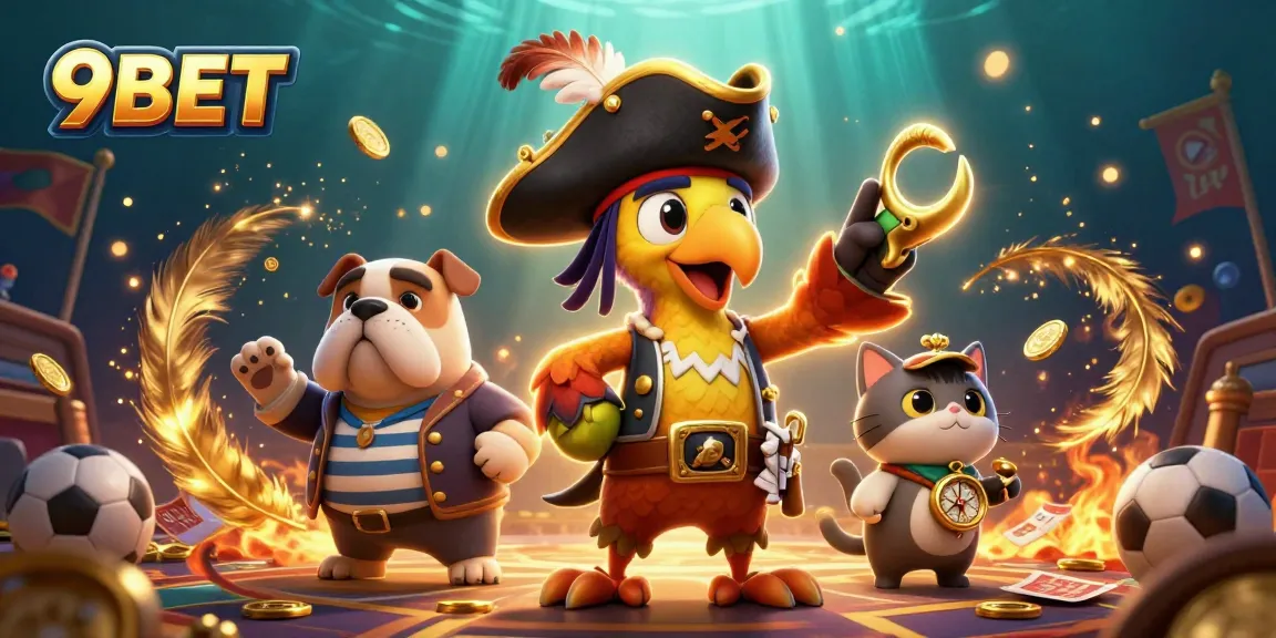 Engage with 9BET's thrilling sports betting adventure featuring unique characters and vibrant elements.