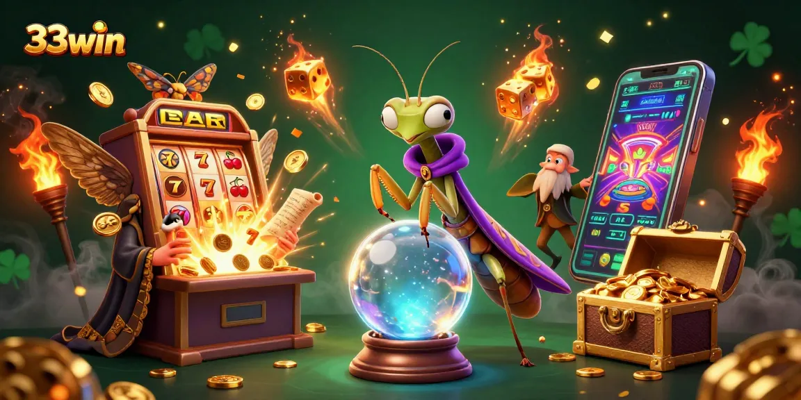 33win brings excitement to slots with a vibrant, magical casino scene featuring jackpot explosions and mystical characters.