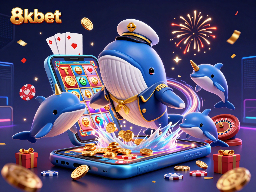 Engage in thrilling gameplay with 8xbet as a cartoon whale celebrates amidst coins and slot games.