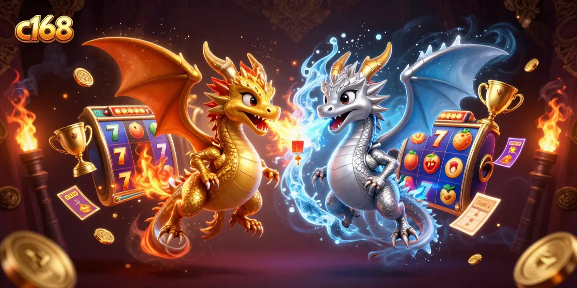 Engage with c168 slots featuring gold and silver dragons amidst dynamic jackpot elements.