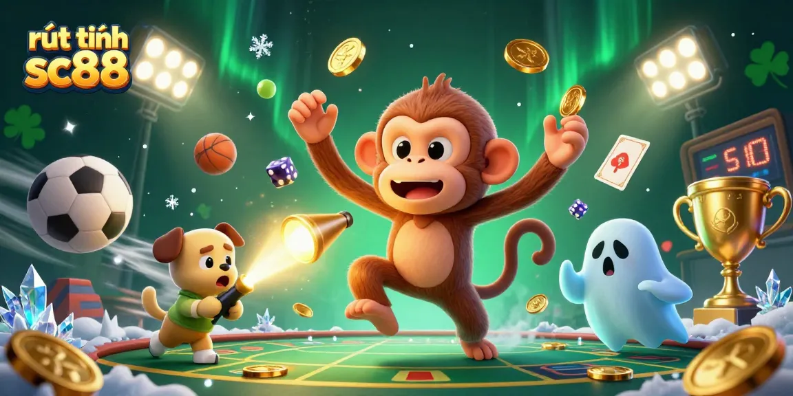 Experience the thrill of rút tiền sc88 with a playful monkey in a dynamic casino scene.