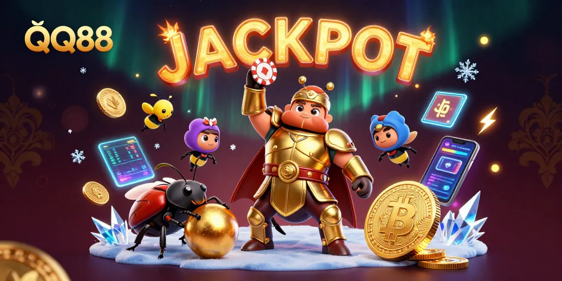 Experience QQ88’s thrilling jackpot scene with hercules beetle triumphantly winning with poker chips.