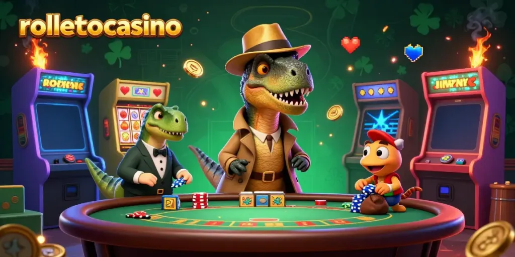 Engage with rollettocasino's thrilling games featuring unique dinosaur characters in a vibrant casino setting.