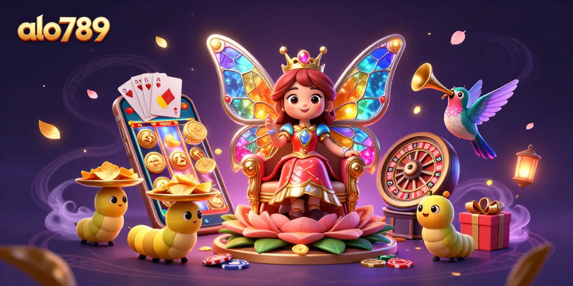 Feel the excitement of alo789 with a vivid casino scene, featuring a butterfly queen and gaming elements.