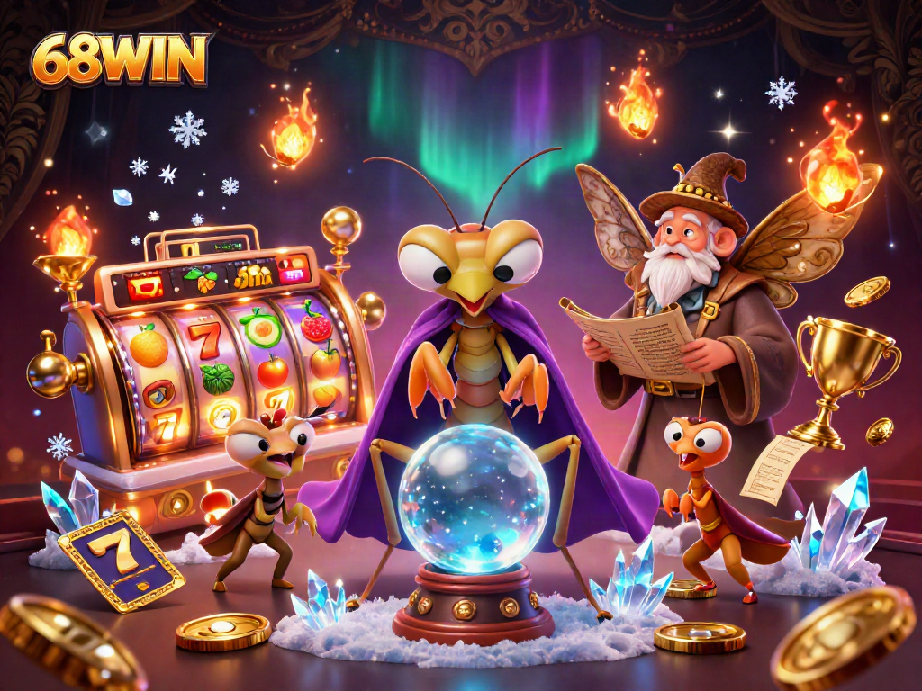 Engage with 68WIN's vibrant slot games featuring thrilling reels and fortune teller characters.