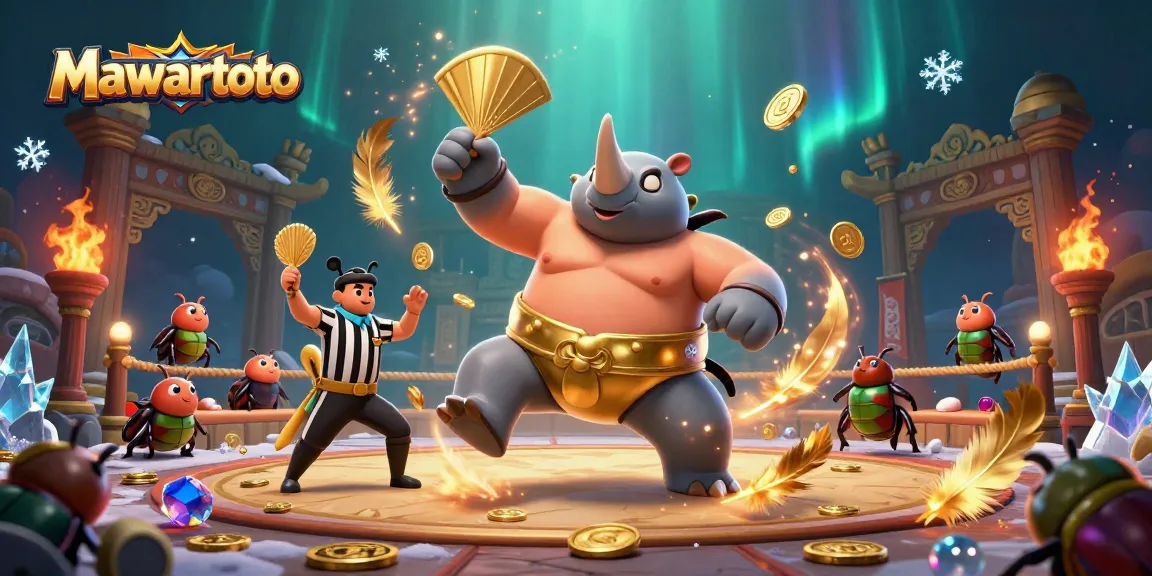 Mawartoto showcases a thrilling 3D sumo match with a rhinoceros beetle champion surrounded by gold coins and vibrant characters.