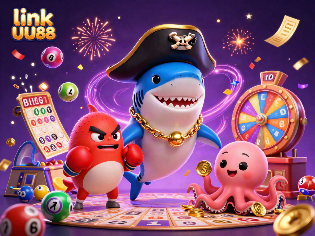 Engage with exciting games at link UU88, featuring a pirate shark, pufferfish, and octopus in a vibrant casino scene.