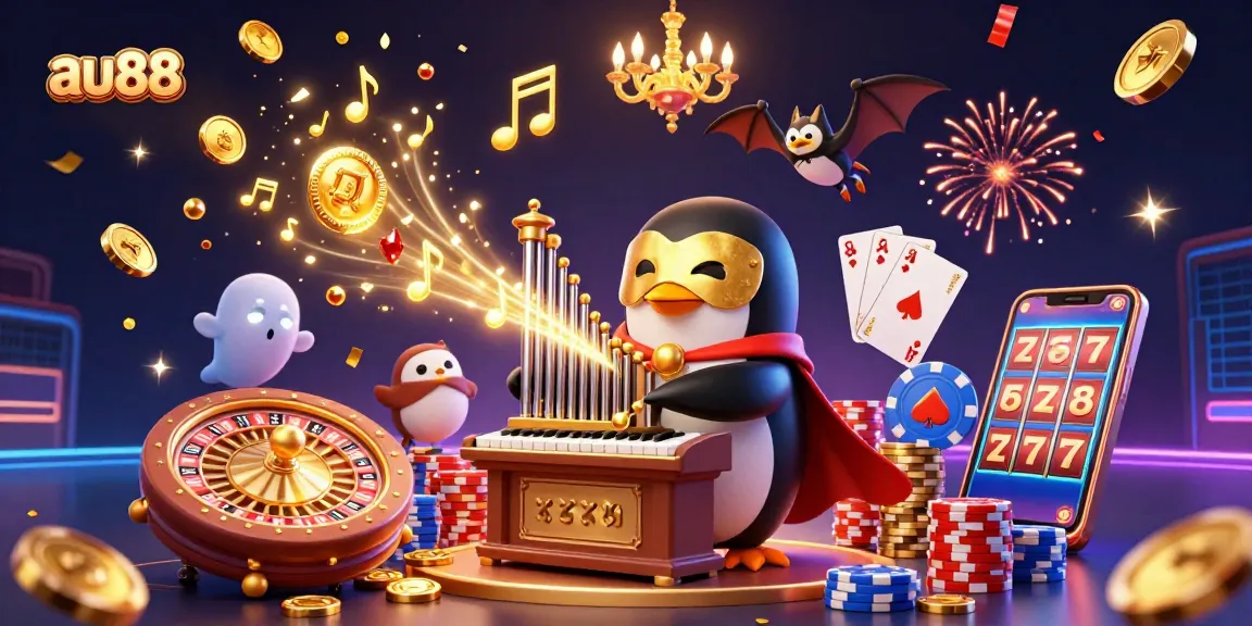 Experience thrilling moments with au88, featuring a vibrant 3D casino scene with gold coins and gaming excitement.