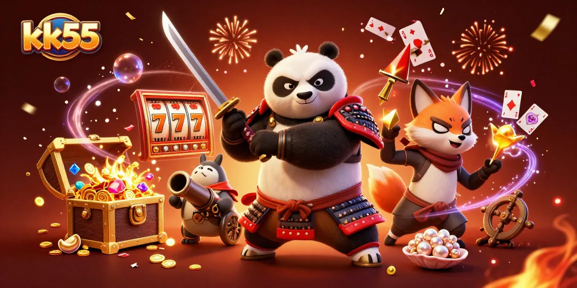 Engage with kk55 casino action featuring a fierce panda samurai, ninja fox, and magical tanuki amidst dynamic gameplay elements.
