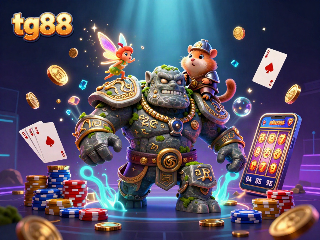 Experience thrilling gameplay at tg88 with magical golem, fairy, and hamster knight amidst sparkling casino elements.