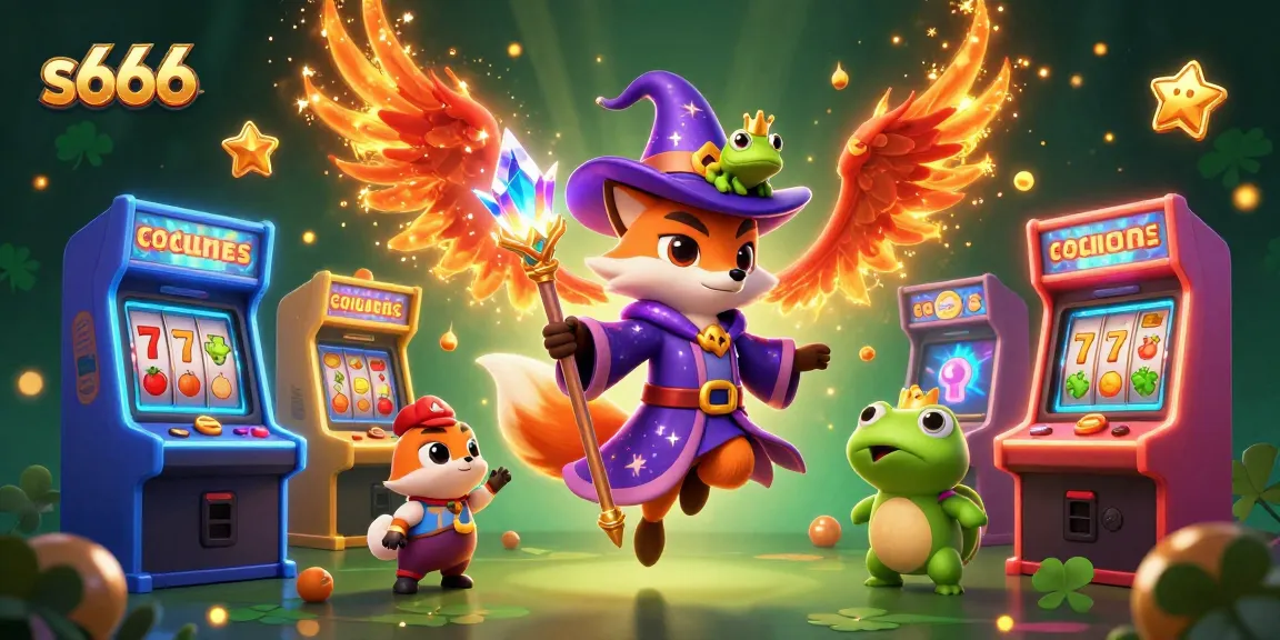 Play thrilling games at s666 casino with a magical fox and phoenix, surrounded by vibrant slot machines.