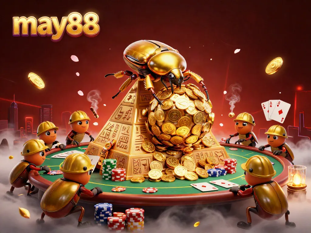 Experience the thrill of may88 with a dynamic scene showcasing a golden dung beetle rolling coins and iconic casino elements.