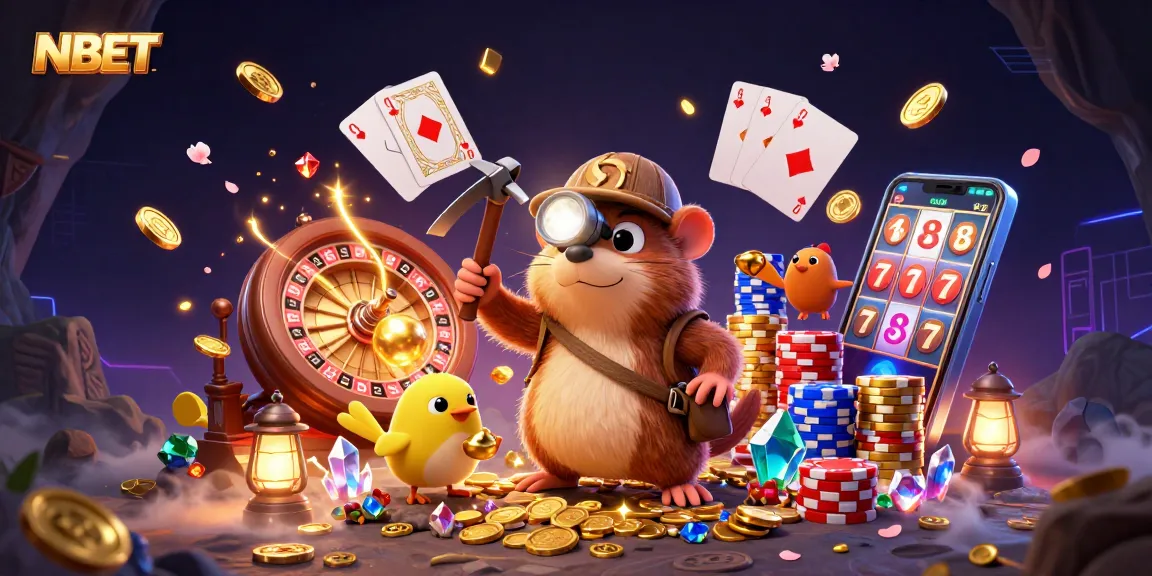 Join the NBET treasure hunter mole in a dynamic casino scene full of sparkling gems and golden coins.