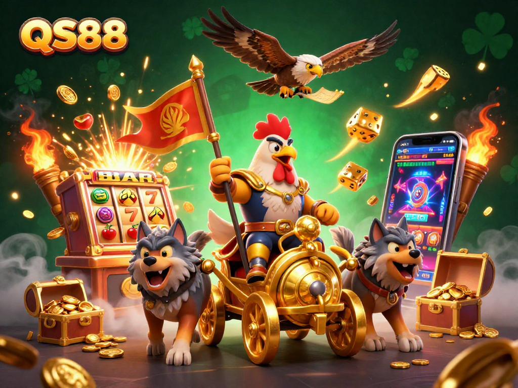 QS88 captures excitement with a rooster warlord, slot machines, and dynamic casino elements.