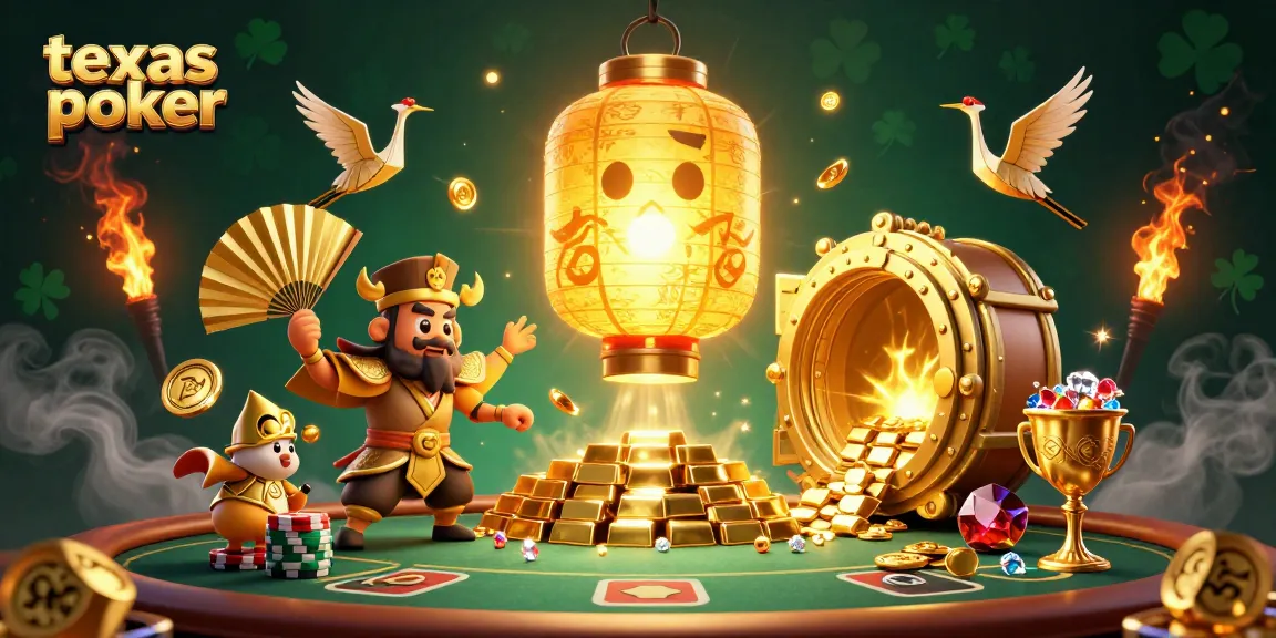 Engage in thrilling texas poker action with golden treasures amid vibrant casino elements.