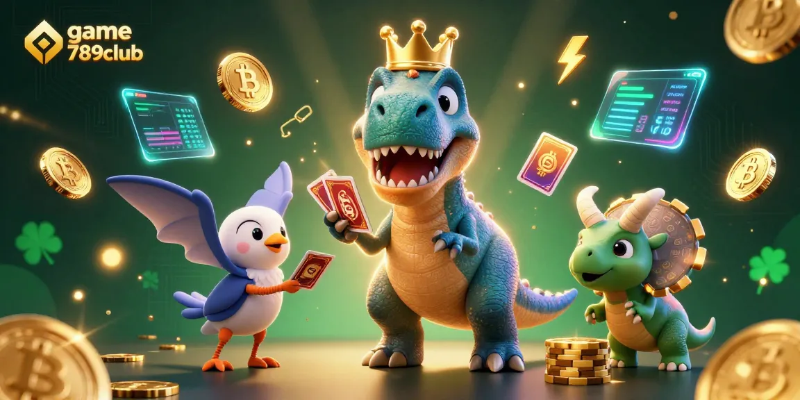 Experience thrilling gameplay with game 789club as cartoon characters shuffle cards and stack chips in a vibrant 3D illustration.