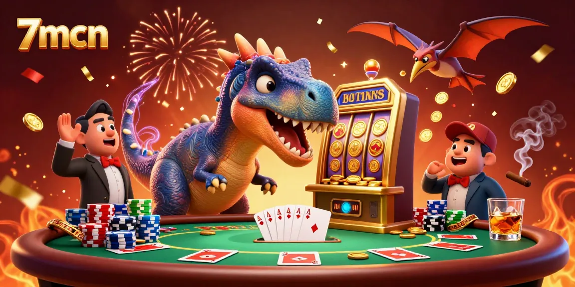 7mcn wins as a pachycephalosaurus headbutts a slot machine for jackpot coins in a vibrant casino scene.