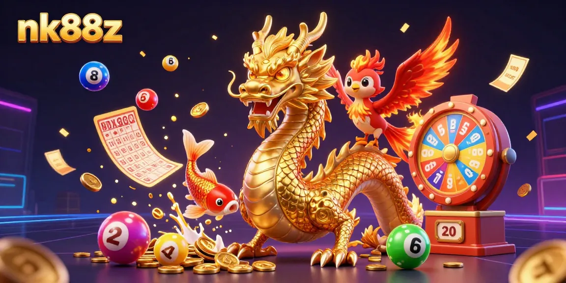 Engage with the vibrant world of nk88z casino games, showcasing dynamic dragons and exciting lottery action.