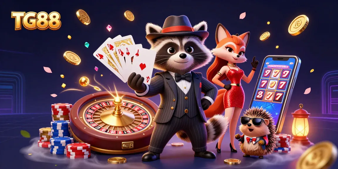 Engage with TG88, featuring a suave raccoon holding a royal flush in an energetic casino scene.