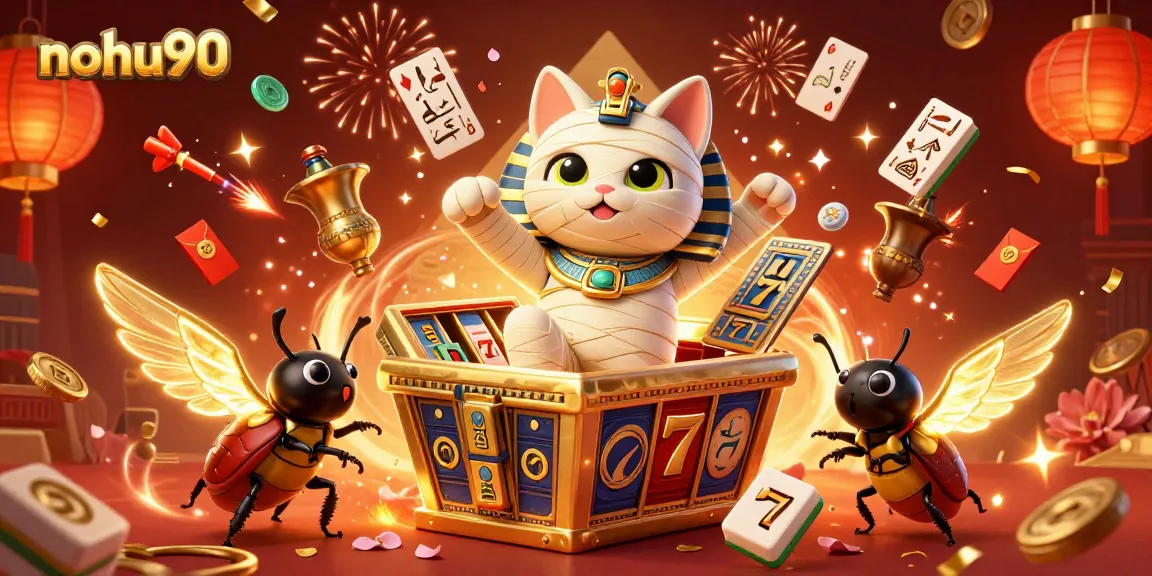 Nohu90 offers thrilling jackpot opportunities featuring a mummy cat and scarab, amidst vibrant casino elements.