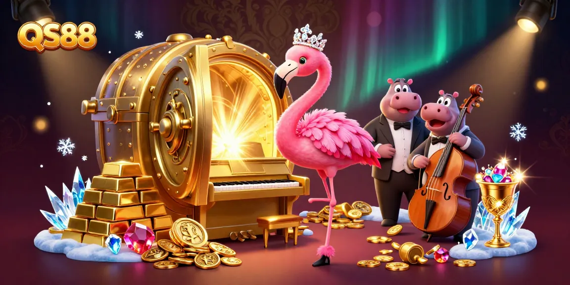 Engage your luck with QS88's vibrant casino experience, featuring a flamingo and hippo in a dazzling lounge.