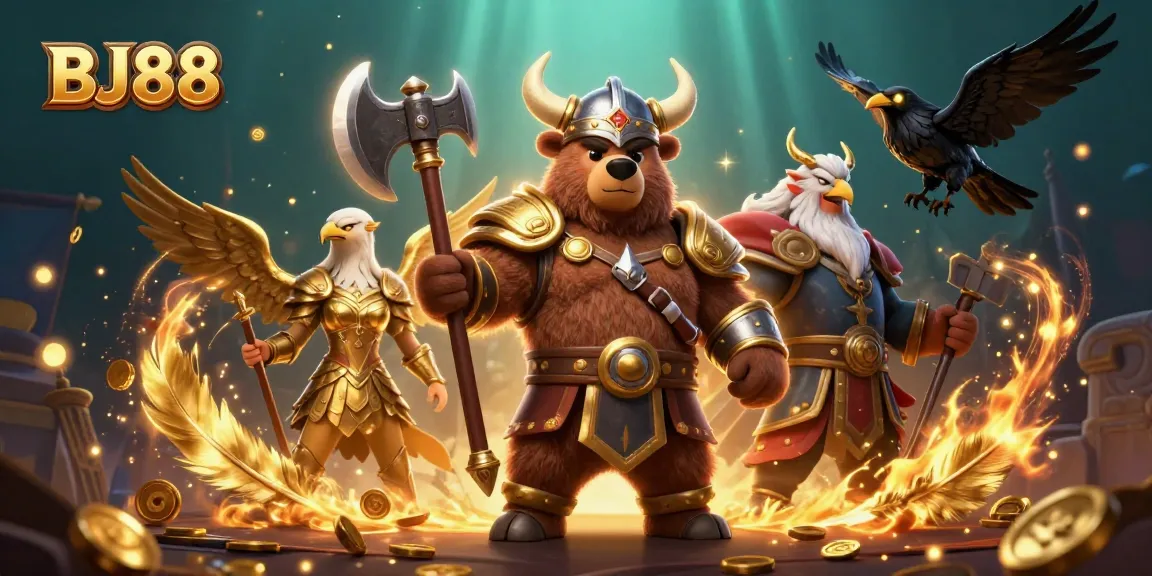 Experience thrilling action with BJ88's vibrant online gaming scene featuring a Viking bear and Valkyrie eagle.