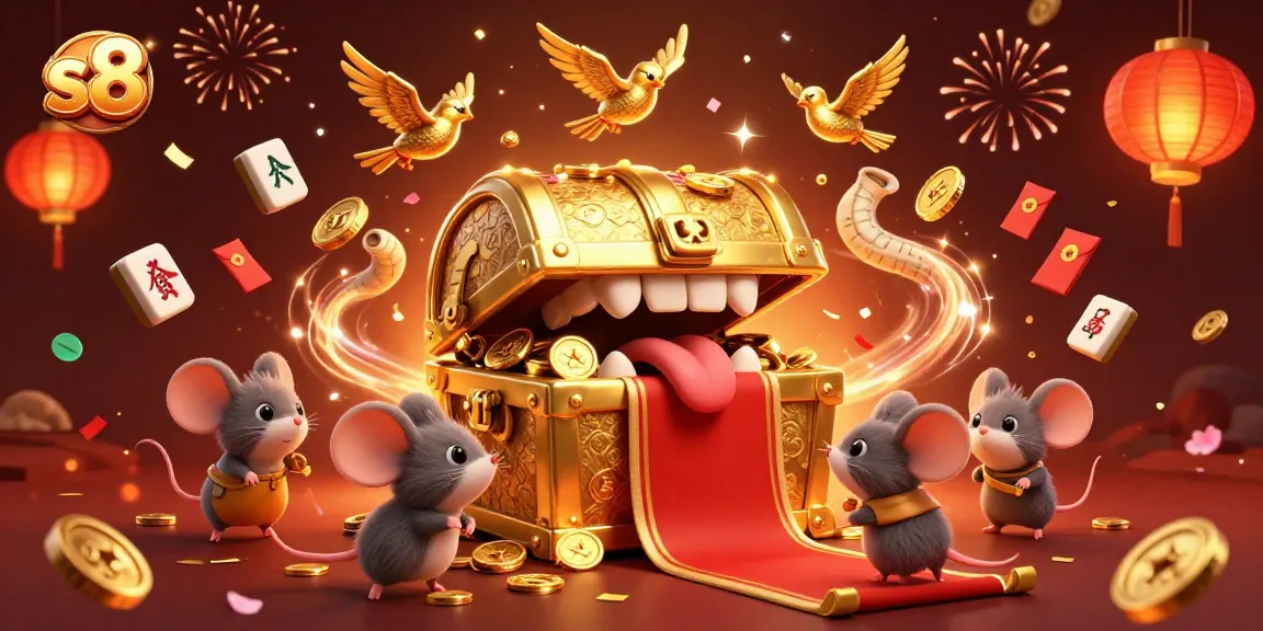S8 captivates with a vibrant treasure chest scene surrounded by casino elements and festive imagery.