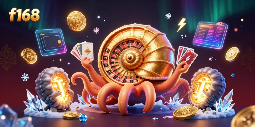 Engage in thrilling gameplay with f168's captivating 3D cartoon scene of casino fun and crypto excitement.